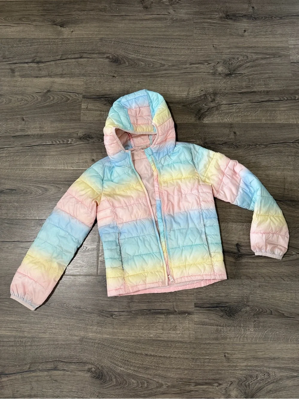 Gap Kids Hooded Puffer Jacket in Pastel Rainbow, Sz 10-11
